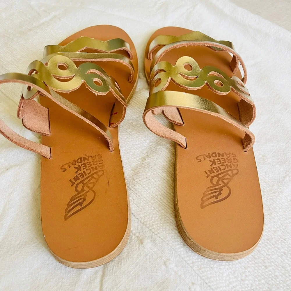 Ancient Greek Sandals Metallic Platinum Hand Made Leather Multi Strap Size 38